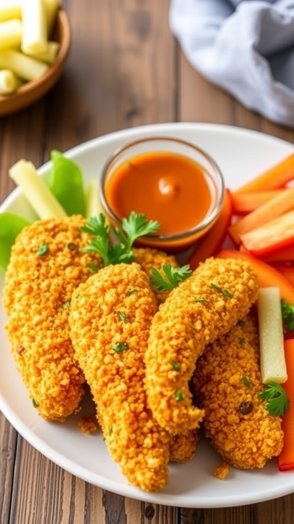 Crispy Air Fryer Panko Chicken Tenders Recipe Crispy panko chicken tenders on a plate with dipping sauce and vegetable sticks.